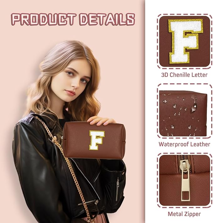 TOPEAST Initial Cosmetic Bag for Women, Preppy Small Makeup Bag, PU Leather Waterproof Toiletry Bag, Monogrammed Birthday Gifts for Women, Stuff for girls (Brown S)