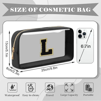 Personalized Initial Letter Clear Makeup Bag,Preppy Small Nylon&PVC Cosmetic Zipper Bag with Chenille Letter,Travel Skincare Toiletry Bag,Monogram Christmas Gift for Teen Girls Women,L