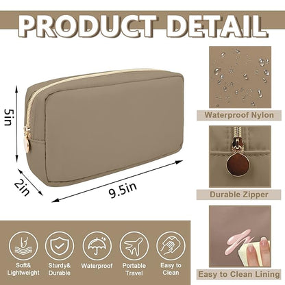 Small Makeup Bag Pouch for Purse, Nylon Travel Toiletry Storage Bag Cute Preppy Cosmetic Bag for Women Girls, Waterproof Makeup Organizer Bag Pouch Skincare Bag Purse with Zipper (Small-Khaki)