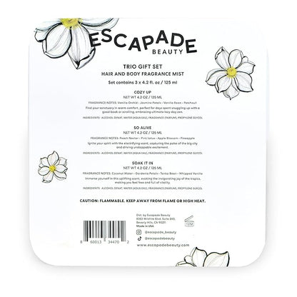 ESCAPADE BEAUTY Trio Gift Set: So Alive, Soak it In, Cozy Up - Hair and Body Fragrance Mist - (3), 4.2oz each