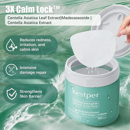 Madecassoside Toner Pads|Soothe Redness,Strengthen Barrier & Refine Pores with Centella Asiatica,Caffeine + Niacinamide | 110 Pads for All Skin Types