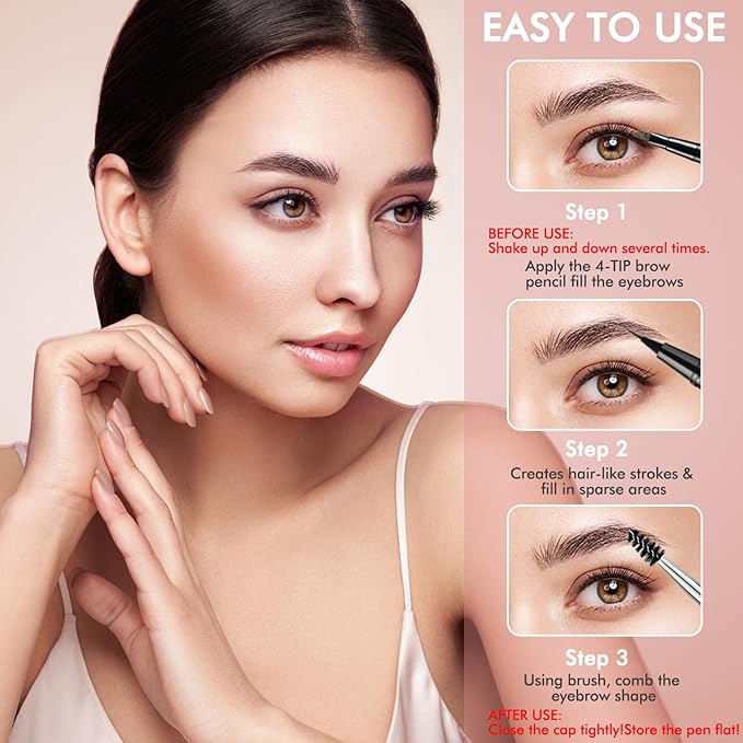 Eyebrow Pencil,2-in-1 Waterproof Eyebrow Pen with 4 Tip Brow Pen and Ultra-Precise Brow Pencil,with Dual-ended Eyebrow Brush,Eyebrow Makeup for Natural Looking Eyebrows-Dark Brunette