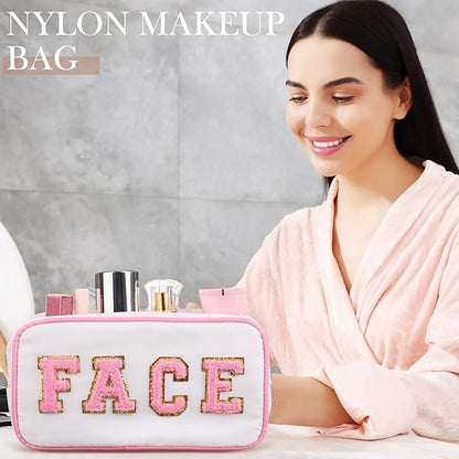 Cunno 4 Pcs Preppy Makeup Bags Chenille Letter Stuff Bag Nylon Cosmetic Pouch Cases with Zipper for Women Travel Toiletry