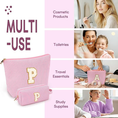 2 PCS Initial Makeup Bags for Women: Cosmetic Bag for Travel Toiletry - Birthday Gifts for 11 12 13 14 15 16 17 18 Years Old Girl Graduation Teacher Gift- Teen Girl Gifts Trendy Stuff - Pink P