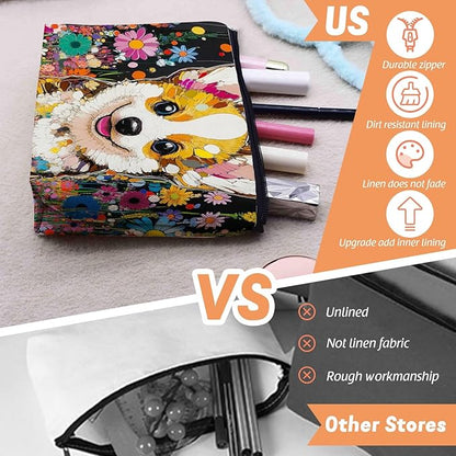 Cosmetic Bags Travel Makeup Toilet Case Waterproof Pouch for Women Girls 6.7X9.45inches - Cute Corgi Surrounded By Brightly Colored Flowers