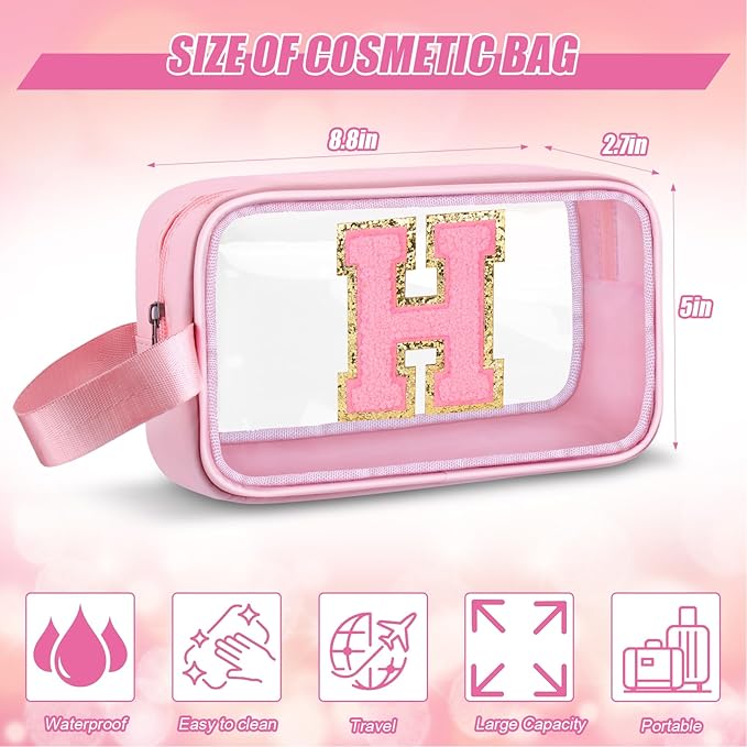 Initial Makeup Bag,Letter H Cute Clear Monogrammed Cosmetic Travel Bag for Womens Girls,Personalized Pink Aesthetic Traveling Make Up Organizer Bag for Beach,Waterproof Toiletry Bag