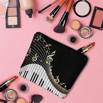 Women Makeup Organizer Bag Piano Music Notes Instrument Piano Flax Cosmetic Bag Makeup Bags Toiletry Bag Accessories Organizer Travel Bags For Home Bathroom Office Hotel Gym Black Golden