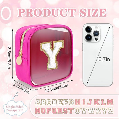 Mini Clear Personalized Initial Makeup Bag, Small Preppy A-Z Chenille Letter Patch Cosmetic Pouch, Transparent PVC & Nylon Waterproof Zip Beach Toiletry Bag,Gift for Women Girls(Hot Pink-White Y)