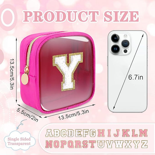 Mini Clear Personalized Initial Makeup Bag, Small Preppy A-Z Chenille Letter Patch Cosmetic Pouch, Transparent PVC & Nylon Waterproof Zip Beach Toiletry Bag,Gift for Women Girls(Hot Pink-White Y)