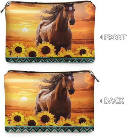 COEQINE Sunflower Western Cosmetic Purses for Women Weddings Western Cosmetic Pouch With Cute Horse And Sunset Print Mini Makeup Bag Travel Wedding Partry Purse With Zipper
