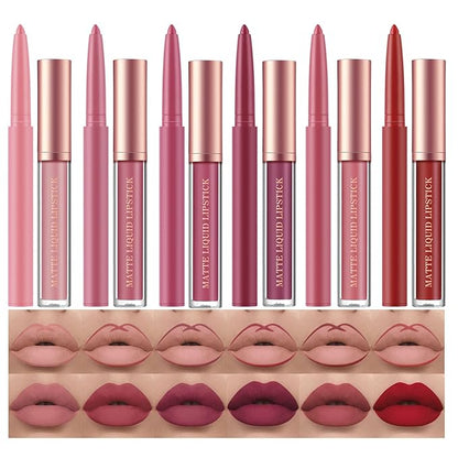BestLand 12Pcs Matte Liquid Lipstick + Lip Liner Pens Set, One Step Lips Makeup Sets Pigment Velvety Nude Lip Stain Waterproof Long Wear Lip Gloss Make up Gift Set (Set B)