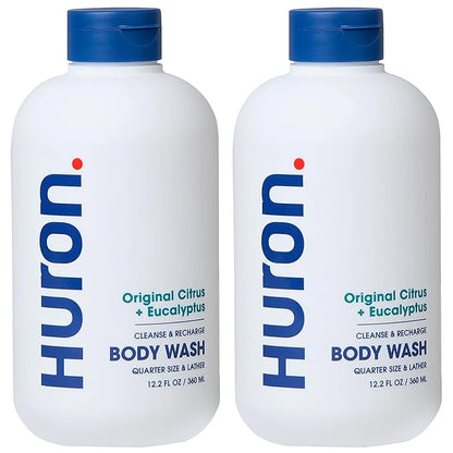 Huron Men’s Moisturizing Body Wash – Crisp & Invigorating Scent of Citrus, Eucalyptus, Mint, & Aromatic Greens - Coconut Oil, Vitamin E & Witch Hazel – Vegan, Cruelty-Free - 12.2 fl oz (2 Pack)