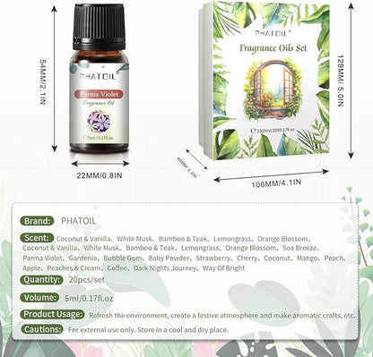 PHATOIL Coconut 20 Pcs Fragrance Oil Set, Premium Fragrance Oil, for Humidifier, DIY Candle & Soap Making Scent, Aromatherapy Diffuser Oils Set (5ML)