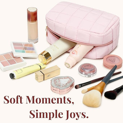 Makeup Bag for Women, Travel Cosmetic Bag Organizer with Compartments, Quilted Puffy Toiletry Pouch for Brushes, Essentials and Accessories, Pink