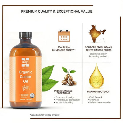 Niyavera Organic Castor Oil USDA Certified 16oz - 100% Pure Golden Cold Pressed Unrefined Hexane Free for Hair Growth, Eyelashes, Eyebrows, Skin - Glass Bottle with Pump