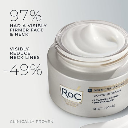 RoC Derm Correxion Neck Cream with Hyaluronic Acid + Advanced Retinol to visibly Tighten & Lift Horizontal Neck Lines, Facial Moisturizer to Contour Face (1.7 oz) with RoC Retinol Eye Packette