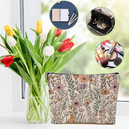 Secret Santa Gifts Vintage Wildflowers Makeup Bag Floral Garden Flower Cosmetic Bag Friend Friendship Gifts for Women Girls Sister Coworker Botanical Zipper Pouch Christmas Thanksgiving Birthday Gift