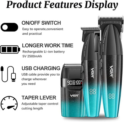 VGR 640S3 Professional 3 in 1 Hair Cutting Kit, 9000RPM Hair Clippers for Men Professional Hair Trimmer & Foil Shavers Set, Cordless Mens Barber Combo for Home, for Him(Green)