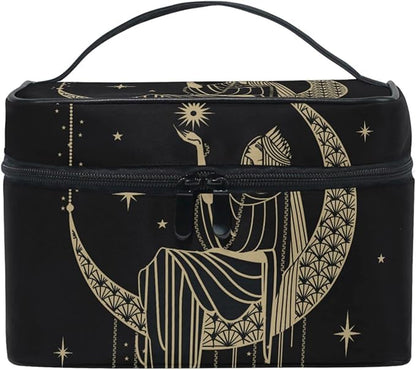 Makeup Train Case Sacral Night Girl On Moon Korean Carrying Portable Zip Travel Cosmetic Brush Bag Organizer Large for Girls Women