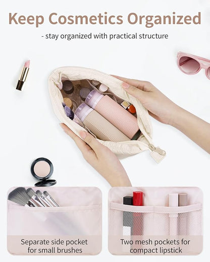 Narwey Small Makeup Bag for Travel Women Girl, Puffer Cosmetic Bag Makeup Pouch for Purse with Zipper, Cute Puffy Make Up Organizer Bags, Travel Toiletry Bag Toiletries (Beige)