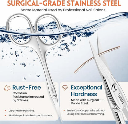 THRAU Right-Handed Cuticle Scissors – Surgical Grade Stainless Steel with Sharp Curved Tip for Cuticles, Nails, Eyebrows, Eyelashes, Nose Hair & Beard – Ideal for Manicure & Precise Grooming