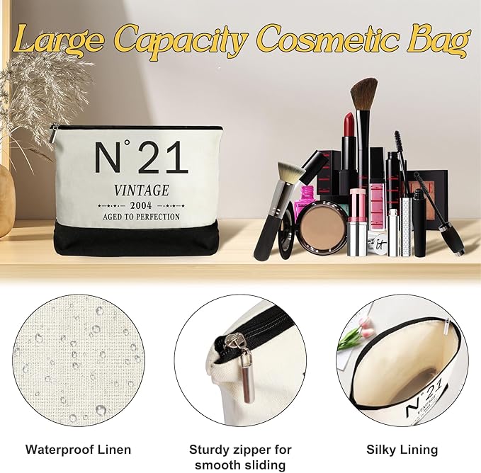 21st Birthday Gifts for Her Canvas Tote Bag Travel Gear, Unique 21 Years Old Gifts for Girlfriend Sister Coworker Friends Classmate Women, Vintage N°21 Handbag & Cosmetic Bag & Back in 2004 Poster