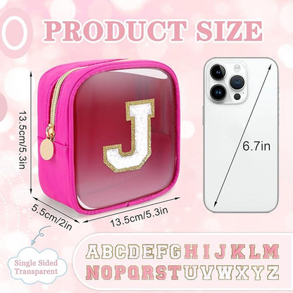 Mini Clear Personalized Initial Makeup Bag,Nylon Preppy A-Z Chenille Letter Patch Zipper Cosmetic Bag, Small Cute Beach Pouch Travel Purse Sanitary Napkin Storage Bag for Women Girls(Hot Pink-White J)