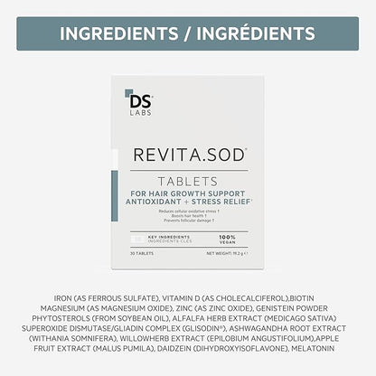 DS Labs Revita.SOD Hair Support Tablets - Daily Hair Wellness Supplement with Superoxide Dismutase, Zinc & Ashwagandha, For Men & Women, 30 Tablets