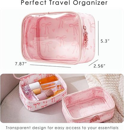 Cute Clear Makeup Bag with Bow Patten,Transparent Nylon Travel Cosmetic Case with Zipper,Portable Makeup Organizer Pouch for Essentials(04Pinkbow-pink)