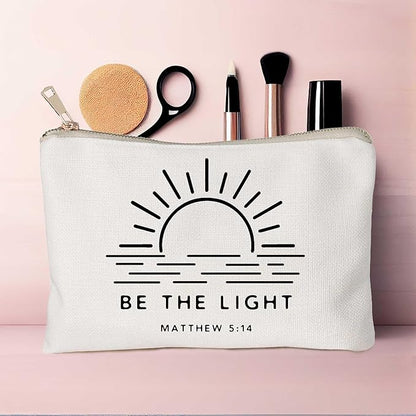 Be The Light Matthew 5:14 Gift Makeup Case Believe Cosmetic Bag Self Love Religious Makeup Pouch Linen Cotton Bag Vintage Christian Bible Verse Sunshine Inspirational Gift