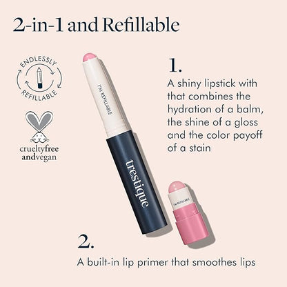 TRE'STIQUE Prime And Shine Lip Crayon, Refillable Shiny Lipstick With Built-in Lip Primer, Clean Beauty Makeup, Lipstick For Women, 2-in-1 Glossy and Primer