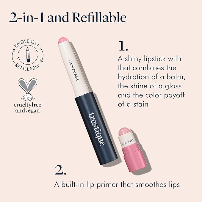 TRE'STIQUE trestique Prime And Shine Lip Crayon, Refillable Shiny Lipstick With Built-in Lip Primer, Clean Beauty Makeup, Lipstick For Women, 2-in-1 Glossy and Primer