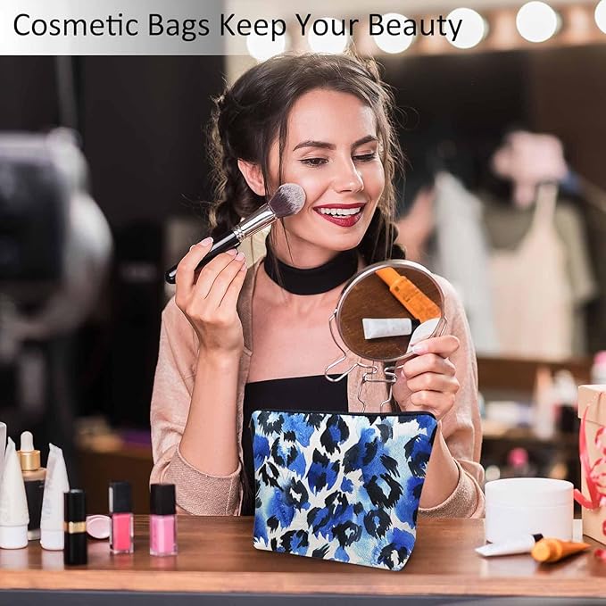 Leopard Print Makeup Bag For Women, Leopard Skin Adorable Cosmetic Bag Makeup Bags, Leopard Fur Zipper Bag Travel Bags Toiletry Organizers Pouch Bags Washing Bags For Gym Bathroom Blue Black