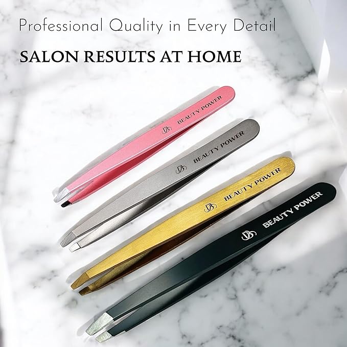 Ultra-Precision Professional Slant Tweezers for Women Facial Hair - German Stainless Steel, Lightweight Black Tweezers for Women & Men, Ideal for Eyebrow & Facial Grooming (Pink)