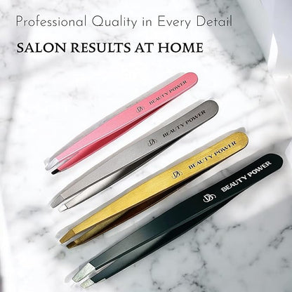 Ultra-Precision Professional Slant Tweezers for Women Facial Hair - German Stainless Steel, Lightweight Black Tweezers for Women & Men, Ideal for Eyebrow & Facial Grooming (Pink)