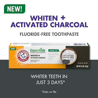 ARM & HAMMER Essentials Fluoride-Free Toothpaste Whiten + Activated Charcoal-12 Pack of 4.3oz Tubes, Clean Mint- 100% Natural Baking Soda