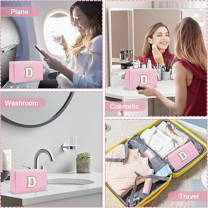 Personalized Chenille Letter Preppy Makeup Bag, Mini Cute Pink Travel Cosmetic Bag Initial Toiletry Zipper Pouch Makeup Storage, Waterproof Makeup Case Travel Essentials for Women Female (Letter D)