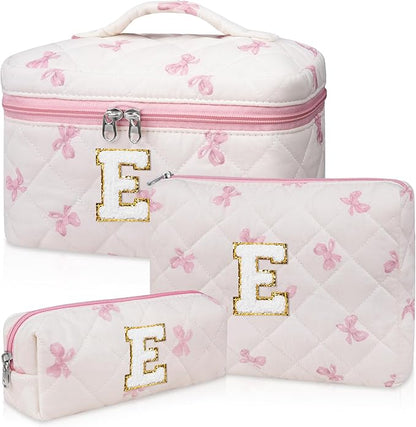 Initial Makeup Bag Set, Personalized Quilted Makeup Bag, Large Floral Cosmetic Bag for Women, Cute Cotton Custom Make up Bags, Flower Travel Toiletry Bag Teen Girl Gift Pink Butterfly E