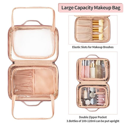 OCHEAL Clear Makeup Bag, Double Layer Cosmetic Bag, Large Capacity Minimalist Cosmetic Case for Women Travel Beauty Essentials, Multiple Compartments Makeup Case Organizer Zipper Pouch -Nude Pink