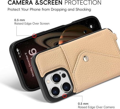 LUCKYCOIN Crossbody Wallet Phone Case for iPhone 16 Pro,100% Genuine Leather Wallet Phone Case with Expandable Flip Card Holder,Phone Purse for Women with Adjustable Removable Strap - Pebble Beige