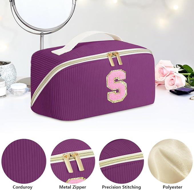 Personalized Initial Makeup Bag,Christmas Gifts for Girl,Preppy Bag Cosmetic Travel Bag Women,Travel Toiletry Organizer,Large Capacity Corduroy Stuff Bag,Cute Cosmetic Pouch Skincare Bag-X