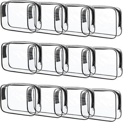 12 Pcs Clear Toiletry Bag PVC Waterproof Zippered PVC Cosmetic Makeup Carry Pouch TSA Approved Toiletry Bag for Travel Clear Organizer Storage Bags (Medium, Black)