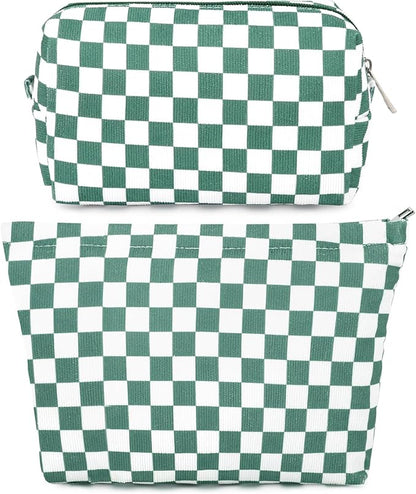 SOIDRAM 2 Pcs Checkered Makeup Bag Large Cosmetic Bag Toiletry Bag Makeup Pouch Travel Bag Organizer Cute Makeup Brushes Aesthetic Accessories Storage Bag for Women Olive Green