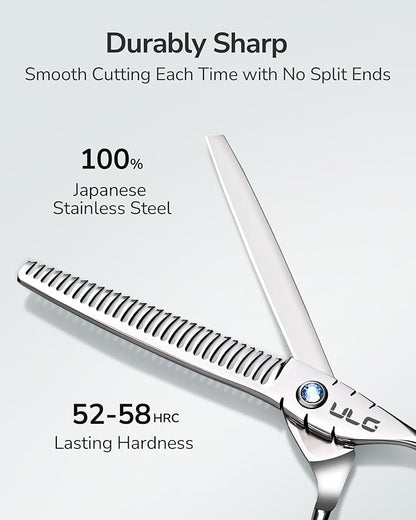 ULG Hair Thinning Scissors 6.7” Shark Series 100% Japanese Stainless Steel, Offset Handle, 30 Deer-Tooth Thinner 35% Hair Removal, Professional Barber Layering Shears for Salon & Home Hair Styling