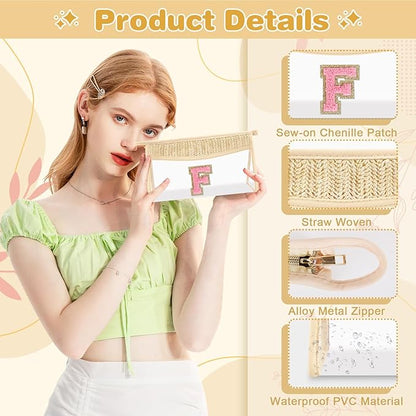 Small Boho Straw Initial Letter Makeup Bag Personalized Gift ,Cute Clear Chenille Patch Makeup Bag With Zipper,Trendy TSA Approved Travel Toiletry Bag,Gift for Women Girls Birthday Friend, Letter F