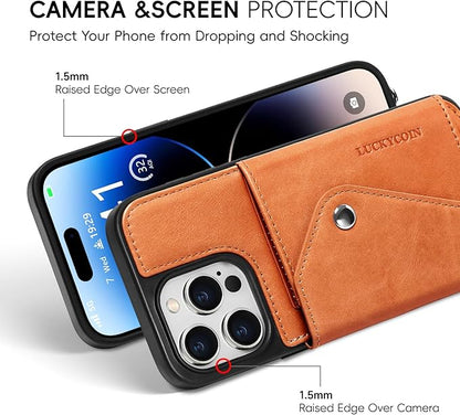 LUCKYCOIN Crossbody Wallet Phone Case for iPhone 14 Pro Max,100% Genuine Leather Wallet Phone Case with Expandable Flip Card Holder,Phone Purse for Women with Adjustable Removable Strap - Brown
