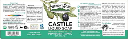 Vermont Castile Soap Peppermint, Gentle Liquid Soap for Sensitive Skin & Natural Body Wash, Organic Hair Shampoo for Oily Hair, Aloe Castile Soap for Men & Women - 64 Oz
