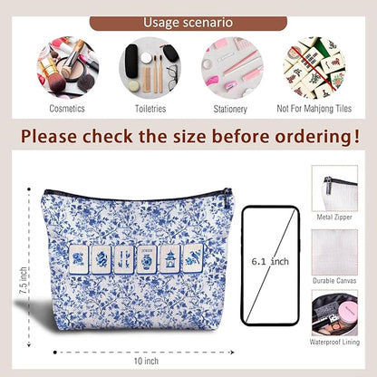 Blue and White Chinoiserie Mahjong Makeup Bag, Mahjong Gifts for Women Cosmetic Bags, Gifts for Mah Jong Players Lovers Makeup Zipper Pouch