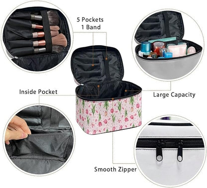Pink Tulip Floral Heart Print Travel Makeup Bags for Women Portable Tote Cosmetic Case with Carry Handle Toiletry Accessories Storage Organizer Bags for Valentine's Day Mother's Day