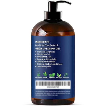 Rosehip Oil for Face 8 fl oz - Rosehip Seed Oil for Gua Sha, Massage, and Skin Care - Aceite de Rosa Mosqueta - Nexon Botanics
